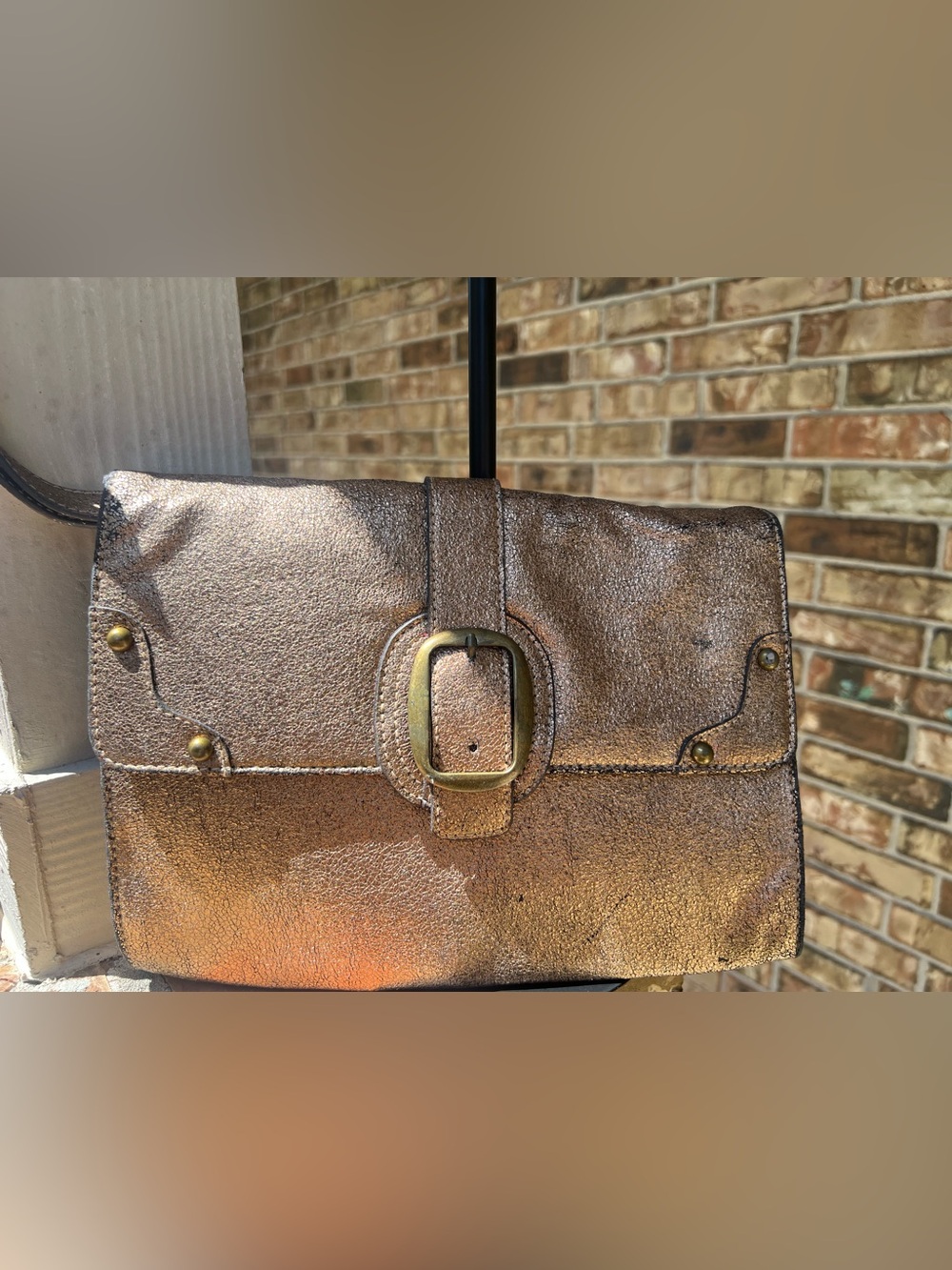 Women's Metallic Bronze Crossbody Bag with Buckle Detail